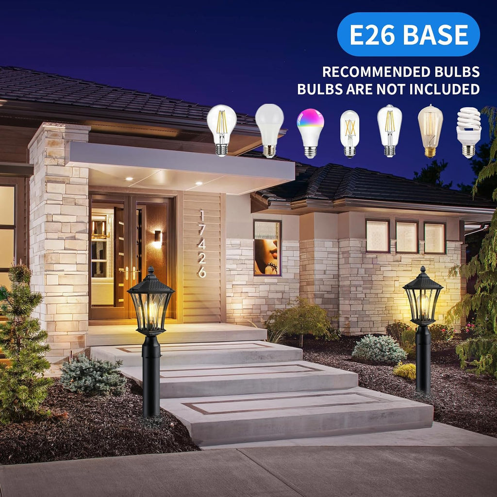 Outdoor Post Lights 2 Pack, 16" Lamp Post Light Fixture, Black Pole Lights Outdoor