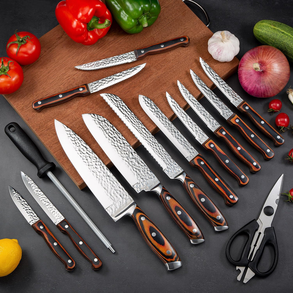 Kitchen Knife Sets with Block, 15-Piece High Carbon Stainless Steel Knife Block Set with Sharpener, Ultra-Sharp