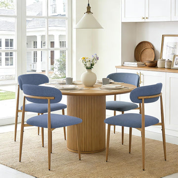 Modern Upholstered Dining Chairs Set of 4, Mid-Century Metal Frame with Wood Grain, Linen Fabric Side Chair for