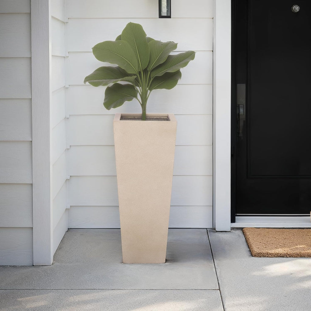 Outdoor Patio Furniture Collection - Paloma Beige Ficonstone Tall Planter Pot, Modern Square Plant Container, Fully