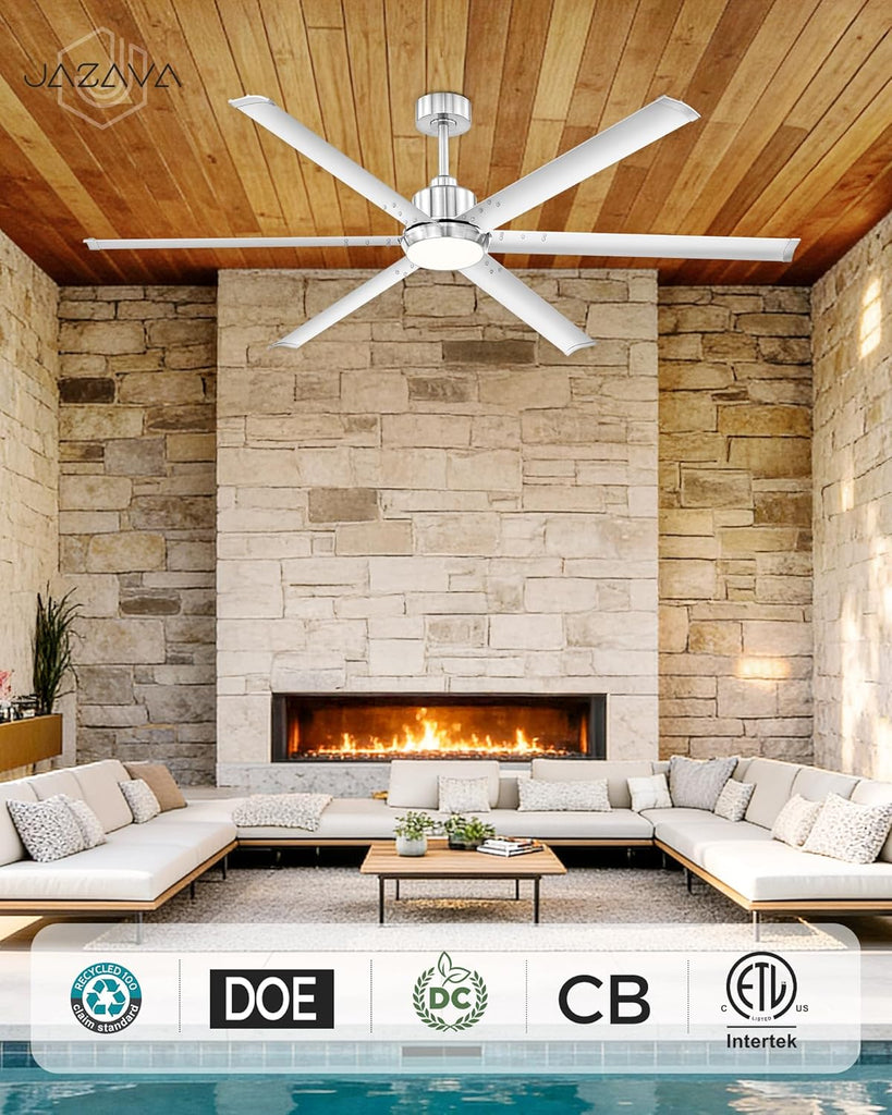 72 Inch Ceiling Fan with Light, Industrial Aluminum Blades, DC Motor 6 Speed Reversible,Covered Outdoor Space