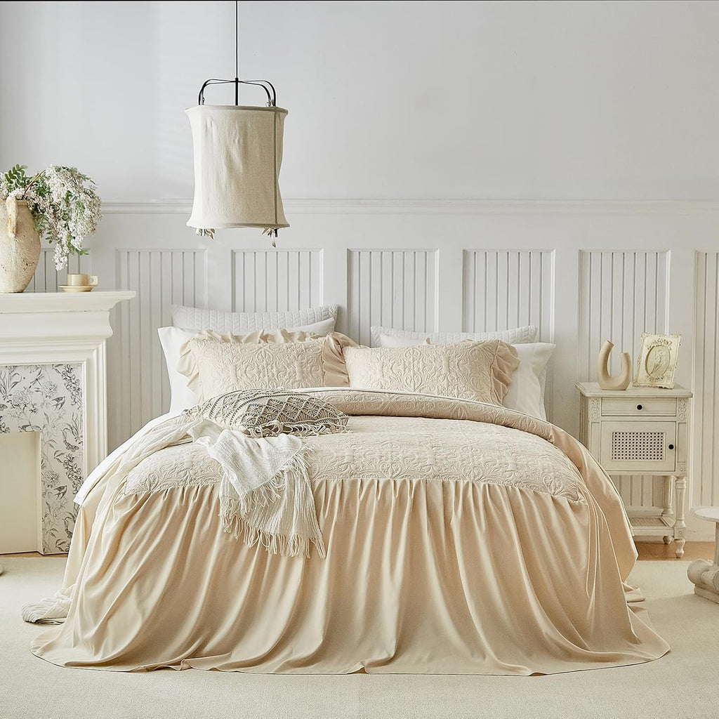 Ruffle Skirt Bedspread Set Floral Design - 30" Long Drop Vintage Cream Chic Ruffled Summer Coverlet Bed Quilt Boho