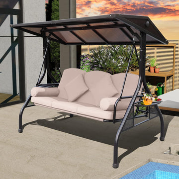 Hardtop Patio Porch Swing with Convertible Backrest & Side Tables | UV protection hardtop, Convertible Backrest, 2