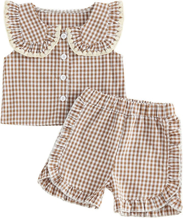 Toddler Girl Summer Outfits Plaid Bowknot Front Fly Sleeve T-shirt Tops Kids Girl Shorts Clothes Set