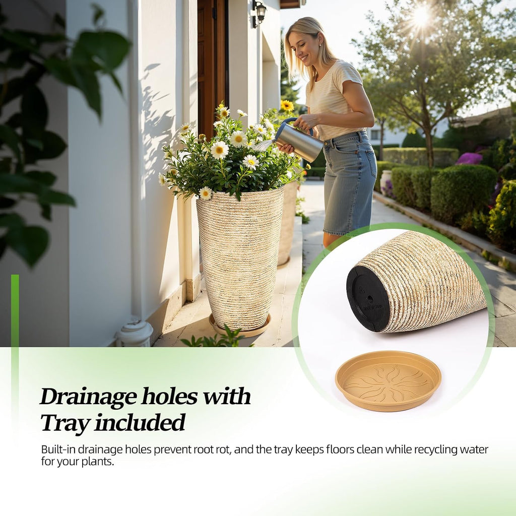 Set of 2 9 Gallon Tall Large planters for Outdoor/Indoor Plants of 12" Dia x 21" H Round Flower Pots Set Faux Stone