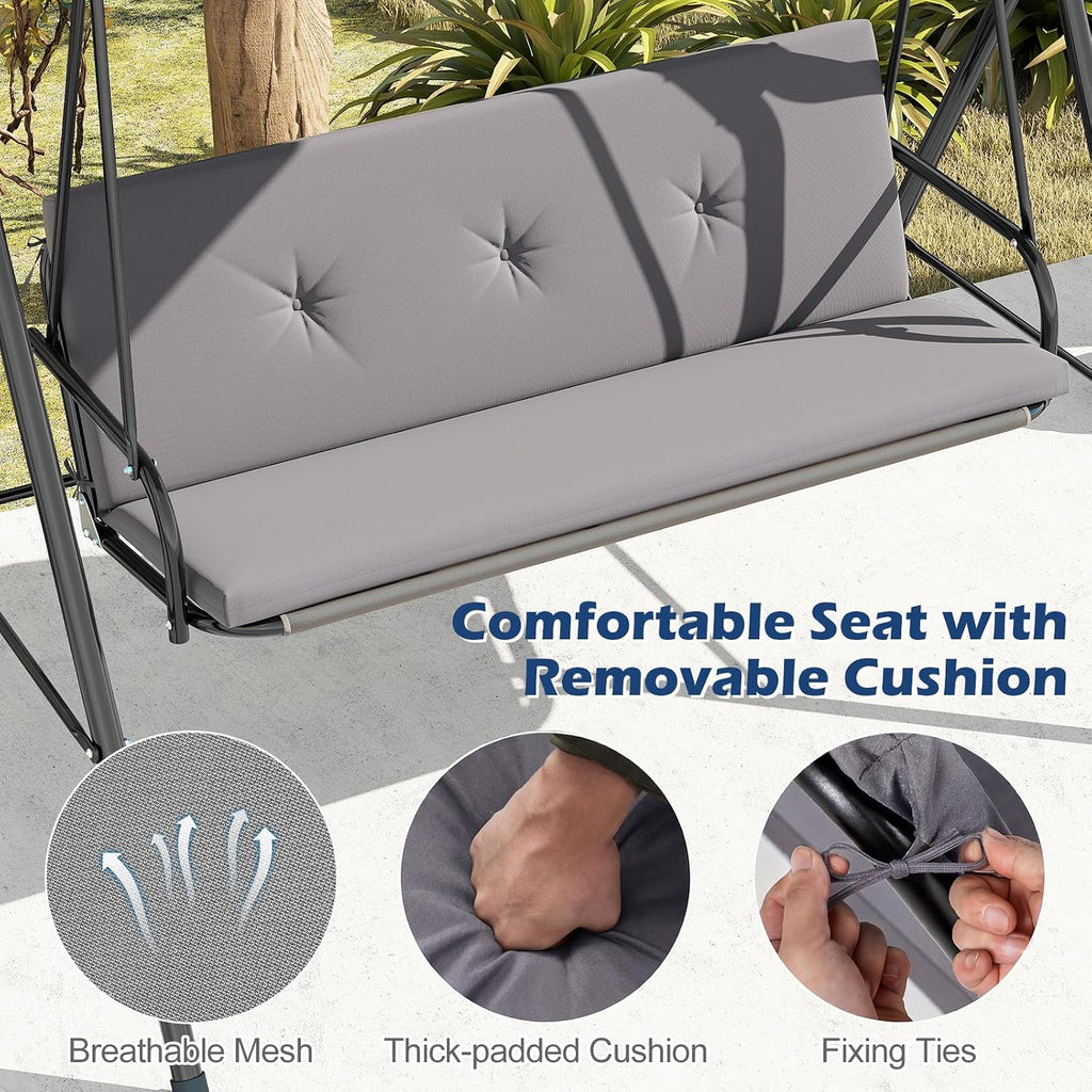 2 Person Porch Swing, Outdoor Swing with Removable Cushions, Solid Metal Structure, Patio Swing with Adjustable