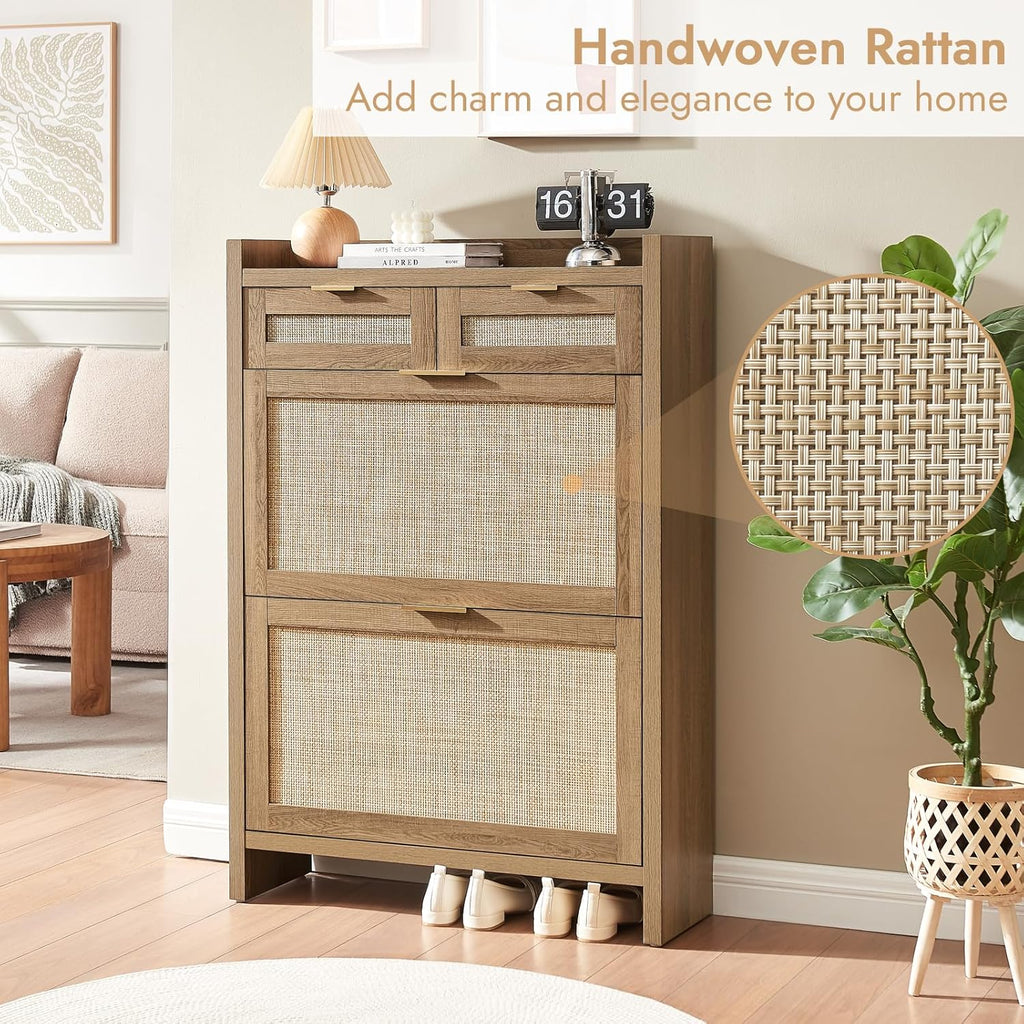Rattan Shoe Storage Cabinet with 2 Drawers & 2 Flip Drawers - Hidden Slim Shoe Organizer , Large Tabletop Space