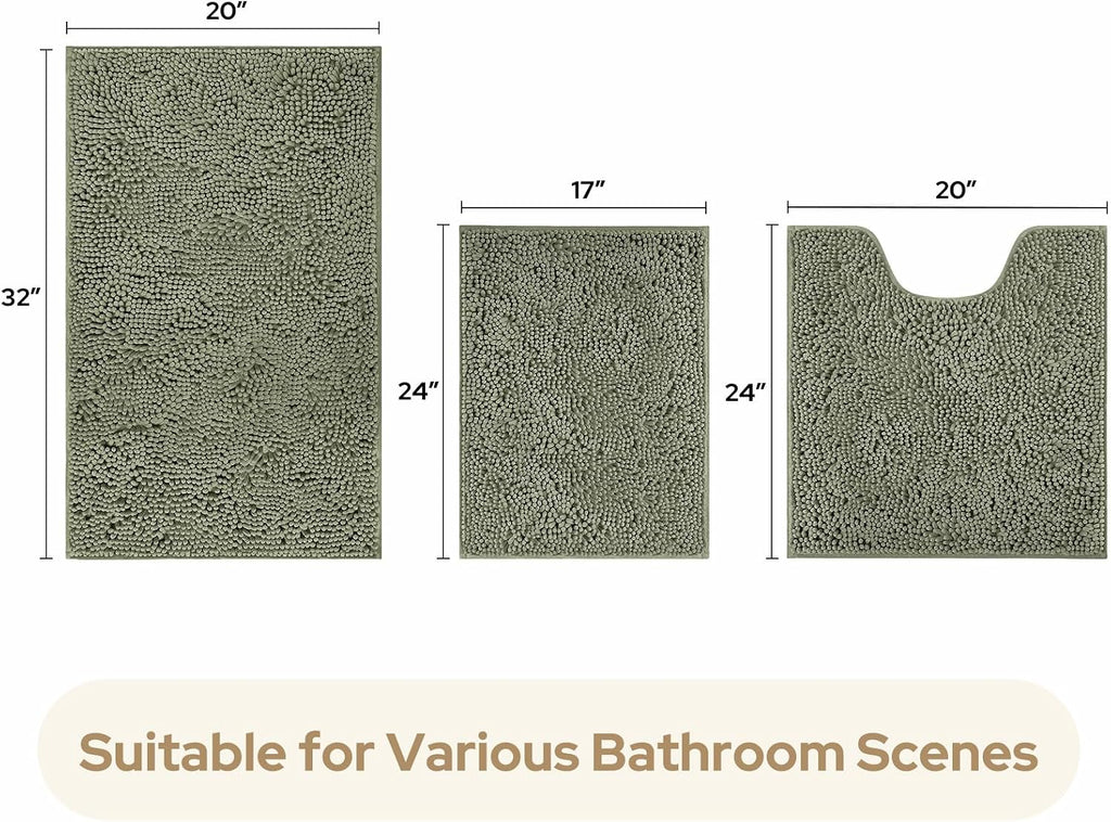 3 Pieces Bathroom Rugs, Ultra Soft Non Slip Absorbent Chenille Toilet Bath Mat Set (Sage Green)