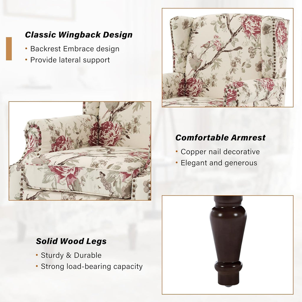 Wingback Accent Chair, High Back Armchair , Beige | Ergonomic Design | Linen Fabric | High-Resilient Foam Seat |