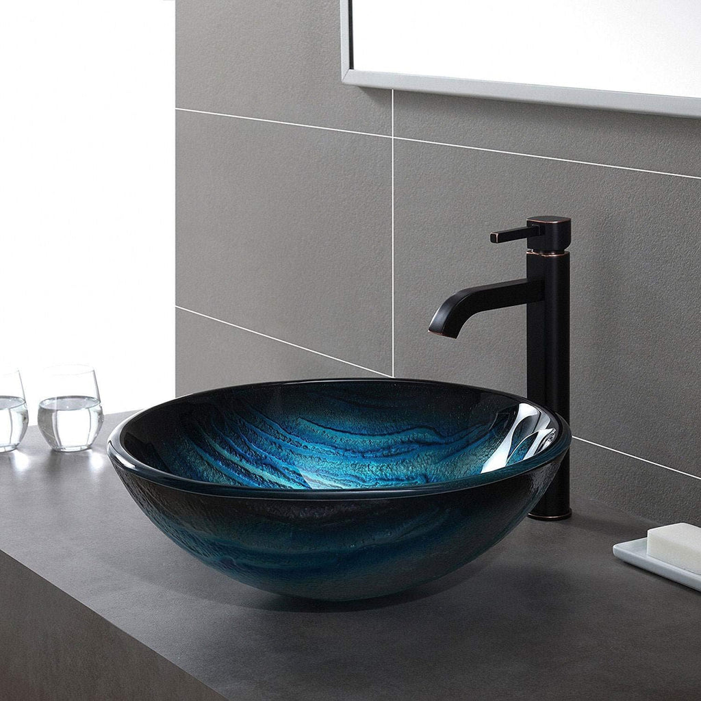 Nature Series Round Blue Glass Vessel Bathroom Sink, 17 inch GV-399-19mm