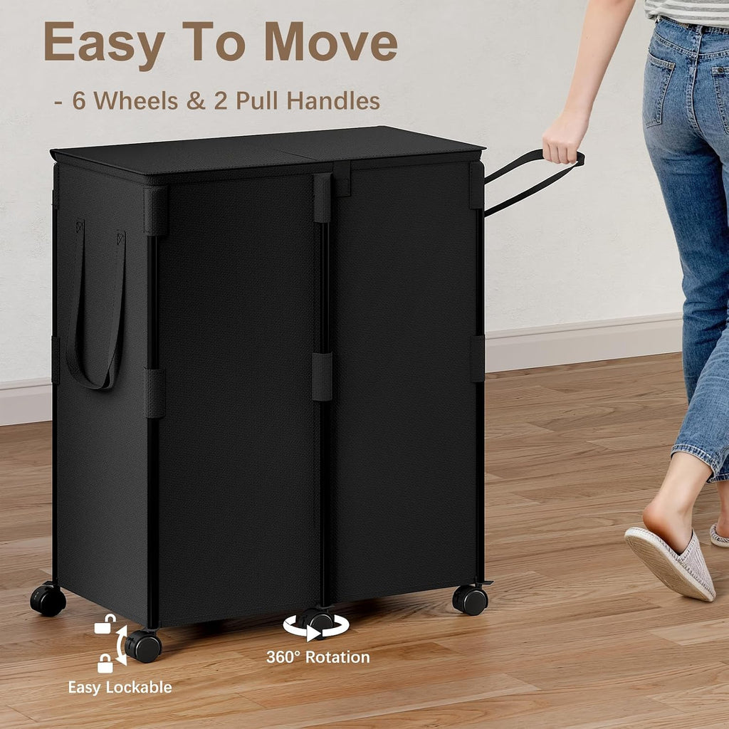 160L Double Laundry Hamper with Lid and 6 Wheels, Rolling Laundry Basket | Metal Frame Laundry Sorter 2 Section with