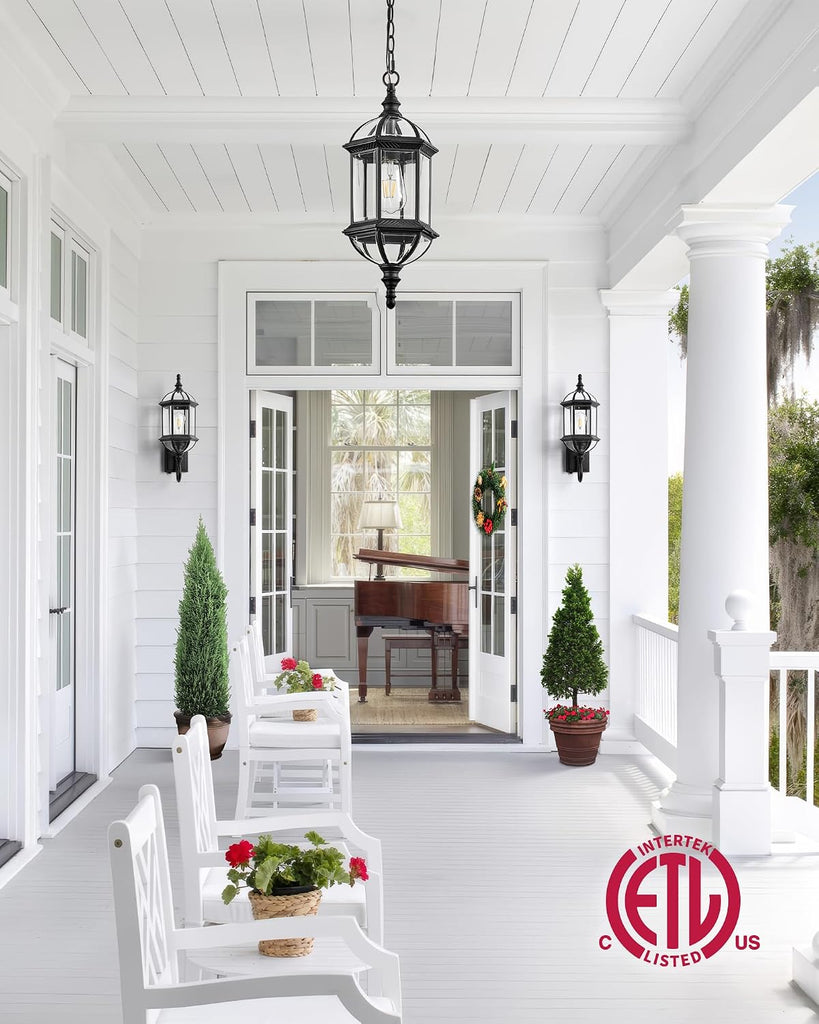 20" Large Outdoor Pendant Light, Black Outdoor Chandelier for Porch with Tempered Beveled Glass