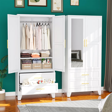 Metal Armoire Wardrobe Closet, 71 "Metal Clothing Storage Cabinet with Mirror and Adjustable Shelves, Household Steel