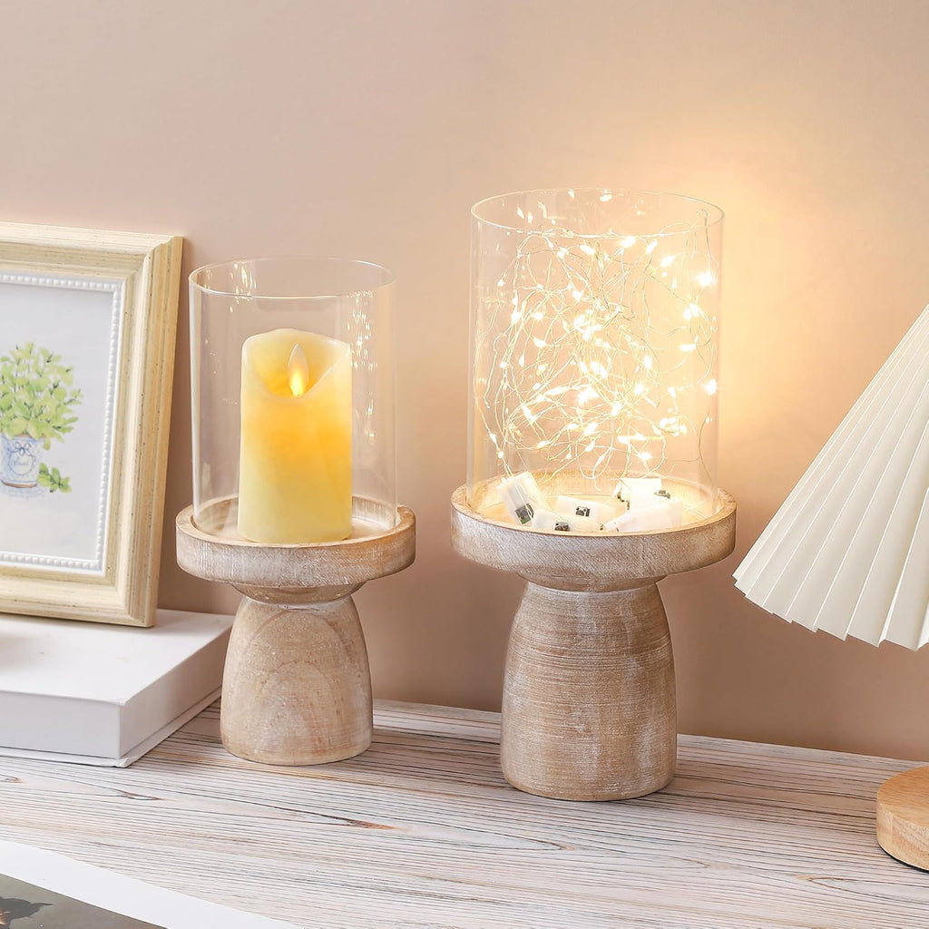 4" & 5" Glass Hurricane Candle Holders with Distressed Brown Solid Wooden Base in Set of 2, Decorative Centerpiece