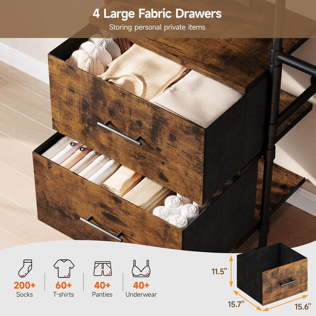 T4 Wall Mounted Closet System, Industrial Pipe Clothing Rack with 8 Wooden Shelves, 4 Drawers & 4 Hanging Rods (2