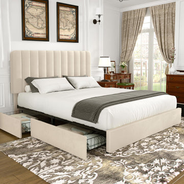 King Size Upholstered Bed Frame with 4 Drawers and Headboard, Velvet Platform Storage Bedframe, Wooden Slats Support