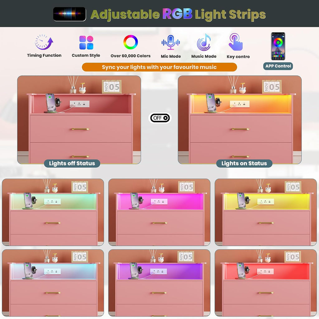 5 Drawer Dresser - 51" Tall Vertical Chest of Drawers with LED Light and Charging Station, Modern Organizer Cabinet