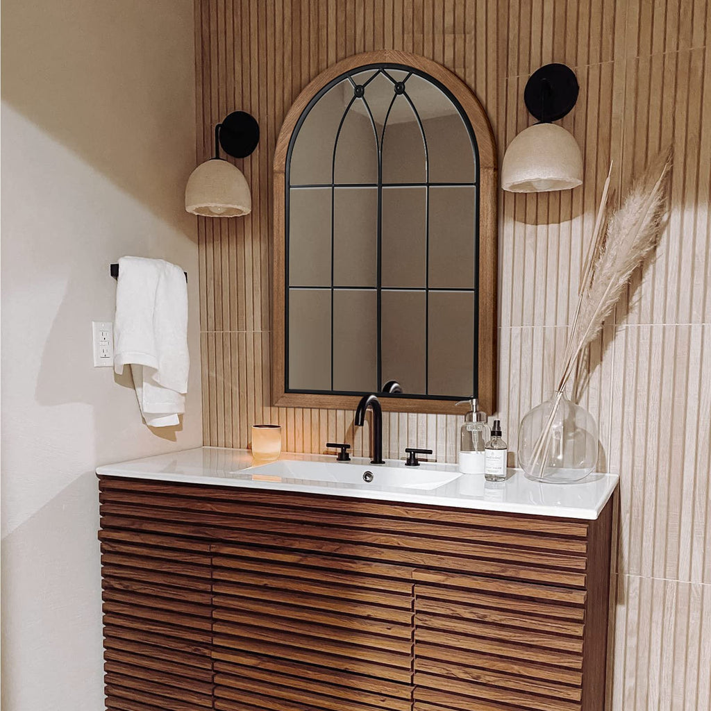 Arched Window Pane Mirror 36x24 Inch Wood Frame, Window Brown