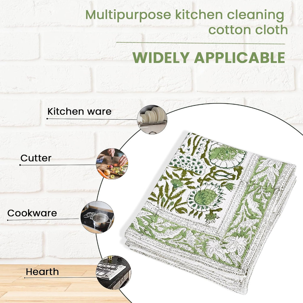 Agate Green Hand Block Print Waffle Kitchen Towel Set of 3-16 x 28 Inch Ultra Absorbent Quick Dry Cotton Dish