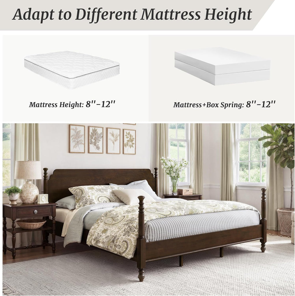 Solid Wood Spindle Post Bed Frame King with Headboard, Traditional Wooden Platform Bed, 13 Wood Slat Support, No Box