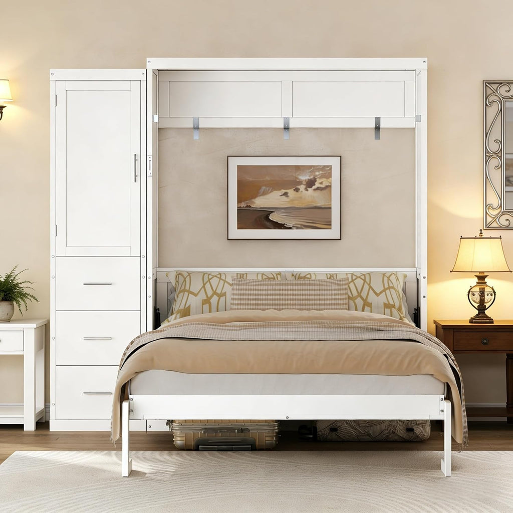 Full Murphy Bed with Storage, Wood Hideaway Wall Bed Frame with 3 Drawers & Wardrobe, Space-Saving Murphy Bed Cabinet