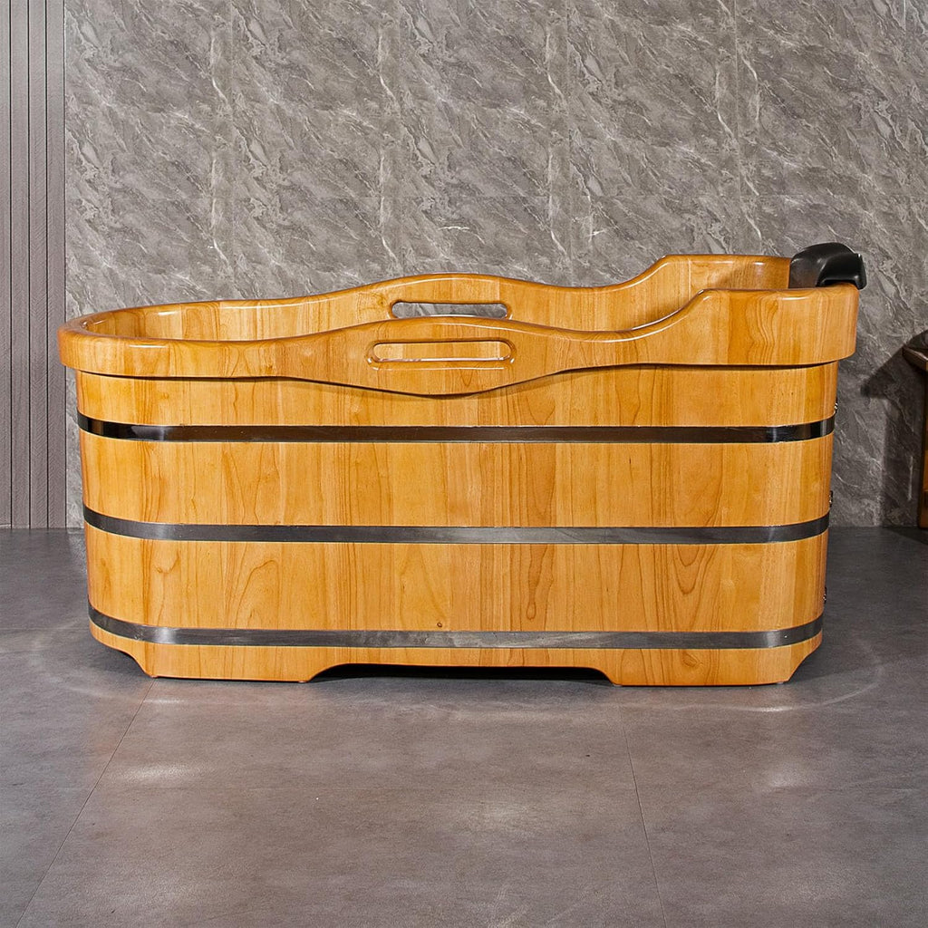 59” Freestanding Bathtub Wooden Soaking Tub Handcrafted Deep Soaking Bathtub with Wooden Handrails, Japanese Soaking
