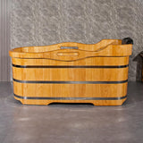 59” Freestanding Bathtub Wooden Soaking Tub Handcrafted Deep Soaking Bathtub with Wooden Handrails, Japanese Soaking