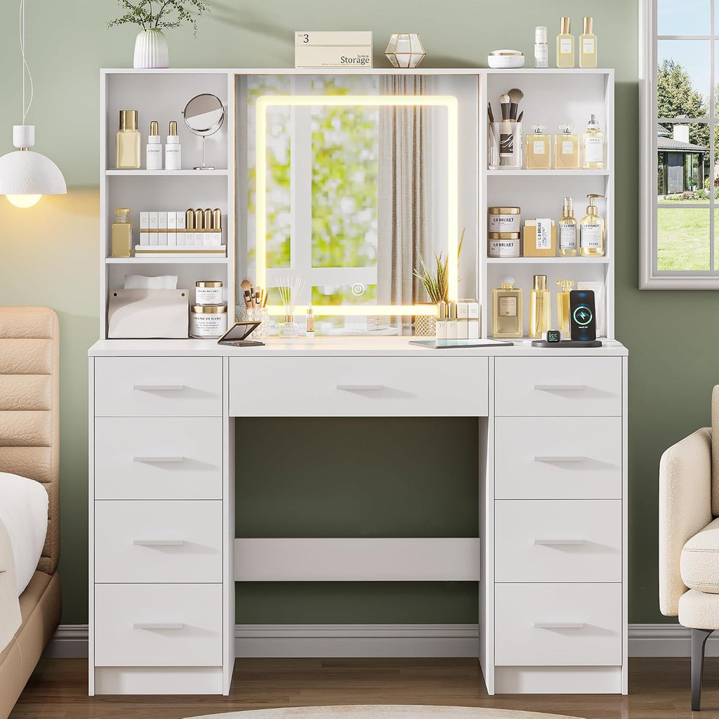 Vanity Desk with Mirror and Lights, Makeup Vanity Desk with 9 Drawers & 6 Shelves, Make up Vanity, Dressing Table