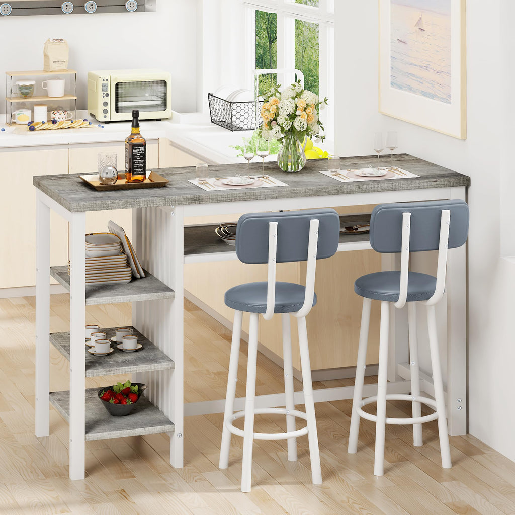 3-Piece Bar Table and Chairs Set, Counter Height Dining Table Set with Storage & 2 Upholstered Stools, Hightop