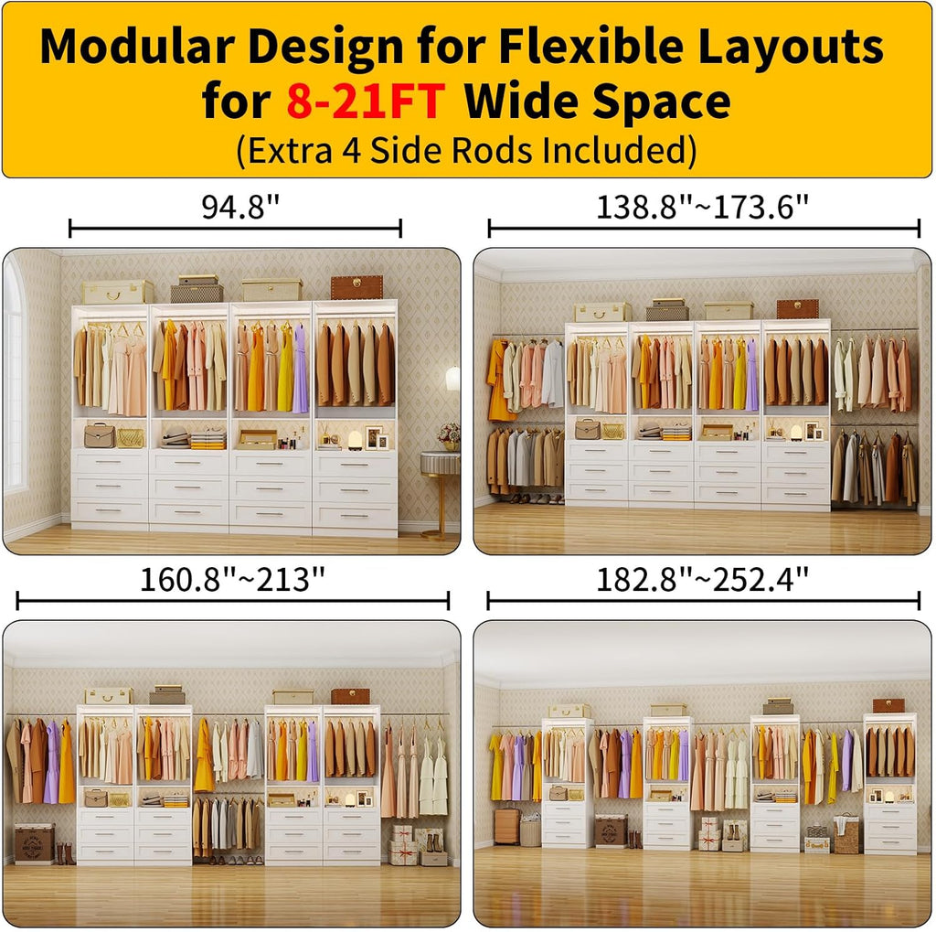 Closet System Set of 4, 8FT-21FT Walk in Closet System with 12 Drawers & 8 Adjustable Hanging Rods, Custom Closet