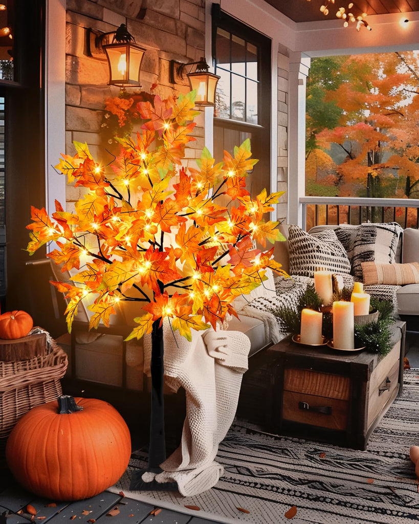 4FT Fall Lighted Maple Trees with 48 LEDs Lights 12 Pumpkins Fake Fall Light Up Tree Artificial Autumn Maple Trees