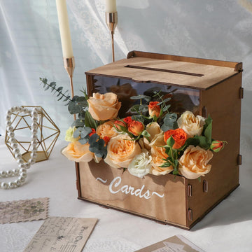 Brown Wooden Wedding Card Box with Flower Trough & Acrylic Board