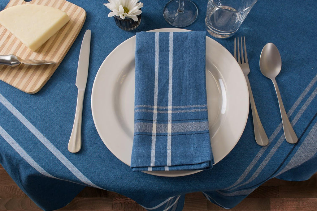 French Stripe Tabletop Collection Farmhouse Style Dining Table Linen Tablecloth, 60x84, Blue Chambra
