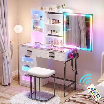 Vanity Desk with Sliding Mirror and Glass Desktop, LED Vanitys Mirror with RGB Lights Desk and Chair, Dressers Table