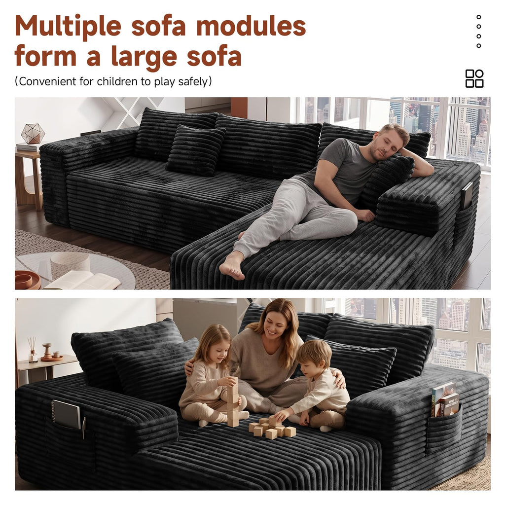 Couch ≈94inch, L-Shaped Sofa, Boneless Couch, with Chaise (Black, 94IN)