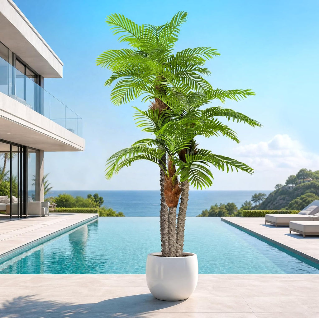 Artificial Palm Trees for Outdoors- 8.5ft Tall Triple Tropical Palm Artificial Tree, UV Resistant Fake Palm Plant