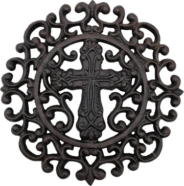 9" Round Cross Decorative Cast Iron Trivet, Religious Hot Pot Holder, Vintage Style Teapot Stand & Hot Pad, Heavy