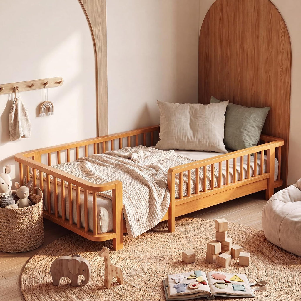 Full Bed Frames for Kids, Solid Wood Montessori Toddler Floor Bed Frame | Smooth Curved Corners & Full Length Safety