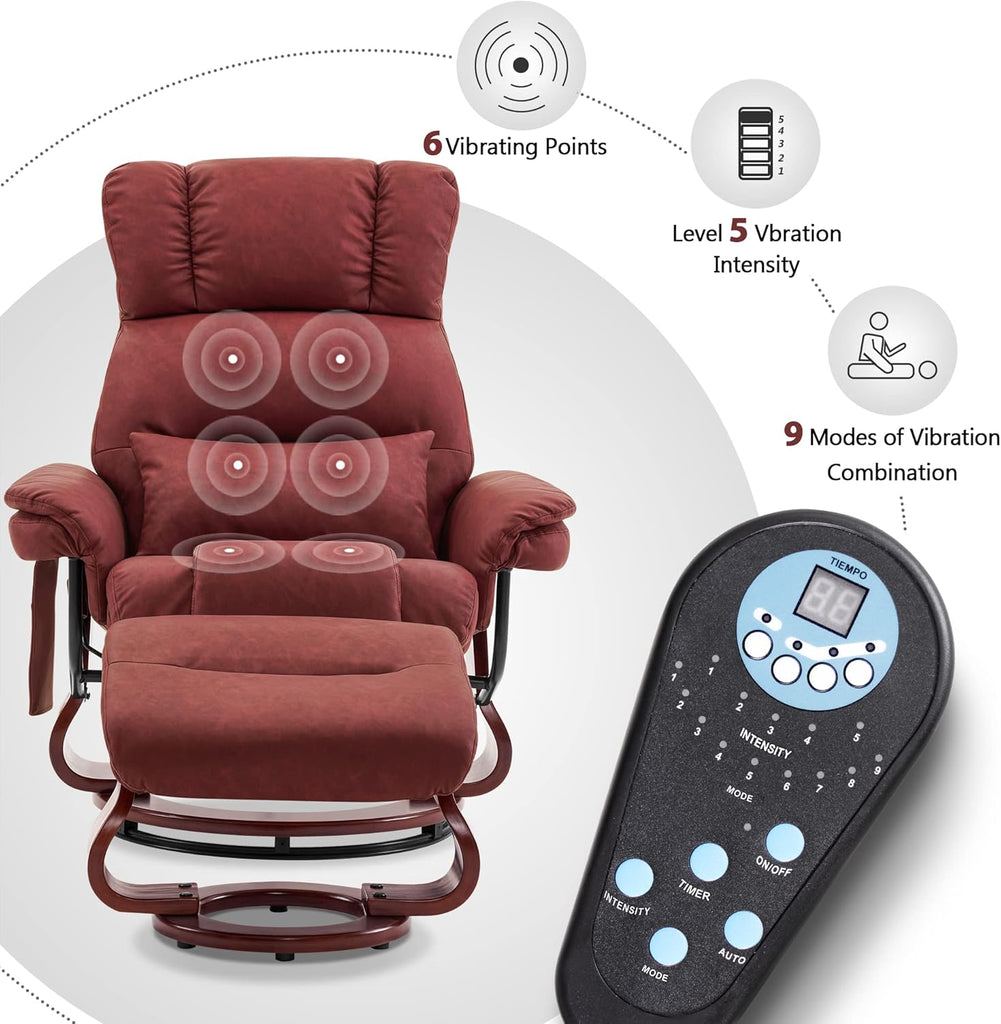 Modern Reclining Swivel Lounge Chair and Ottoman — Burgundy Faux Leather