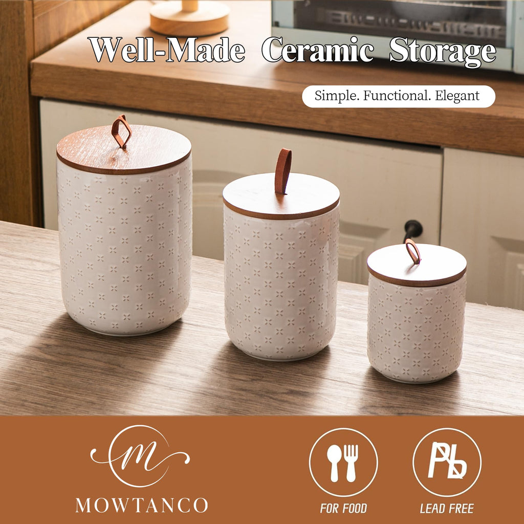 Embossed Ceramic Canister Set with Airtight Bamboo Lid