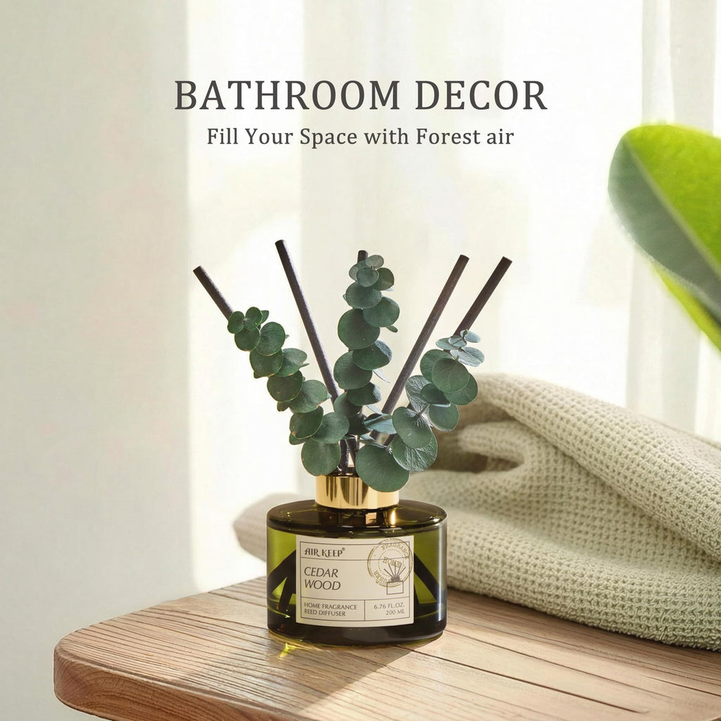 Reed Diffuser Set with 6.76 fl oz Cedar Wood Scent Essential Oils and 3 Leaves & 8 Diffuser Sticks, Bathroom Shelf
