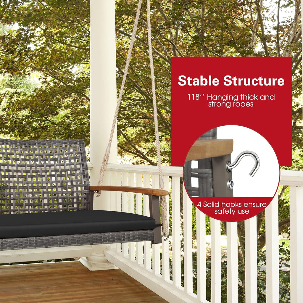 2-Person Outdoor Porch Swing with 118" Hanging Ropes, Patiojoy PE Wicker Patio Hanging Swing Bench with Soft Seat