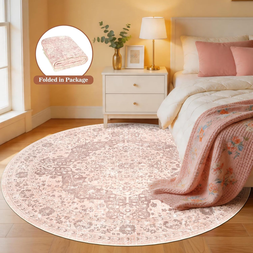 Boho 8ft Vintage Washable Round Area Rug, Soft Non-Slip Large Round Indoor Rug, Thin Distressed Oriental Carpet