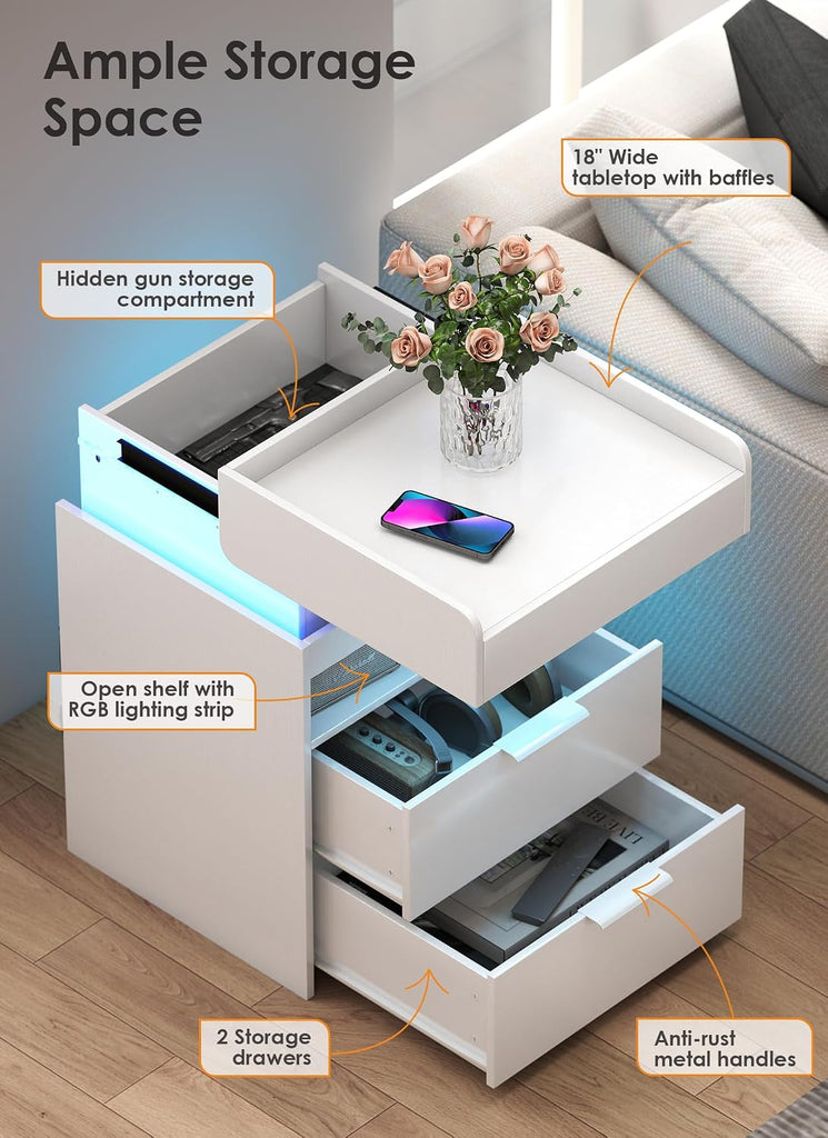 Night Stand with Gun Drawer, Modern Nightstand with Hidden Charging Station, LED Beside End Table with USB and Type-C