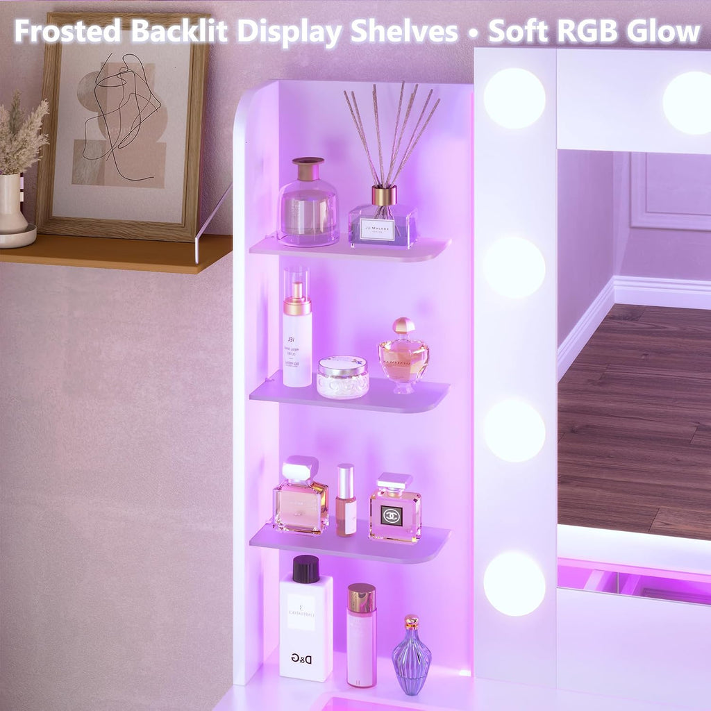 Vanity Desk with Mirror and Hollywood Lights, Makeup Vanity 6 Backlit Open Shelves with Frosted Panel & RGB Light