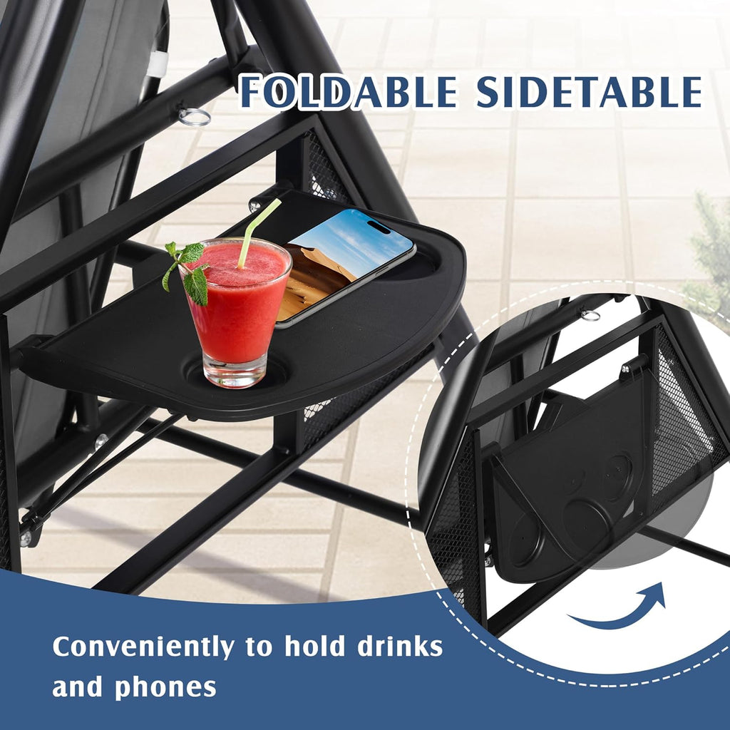 3-Seat Outdoor Porch Swing with Adjustable Canopy, 3 Person Convertible Porch Swing Bed with Stand, Heavy Duty Patio