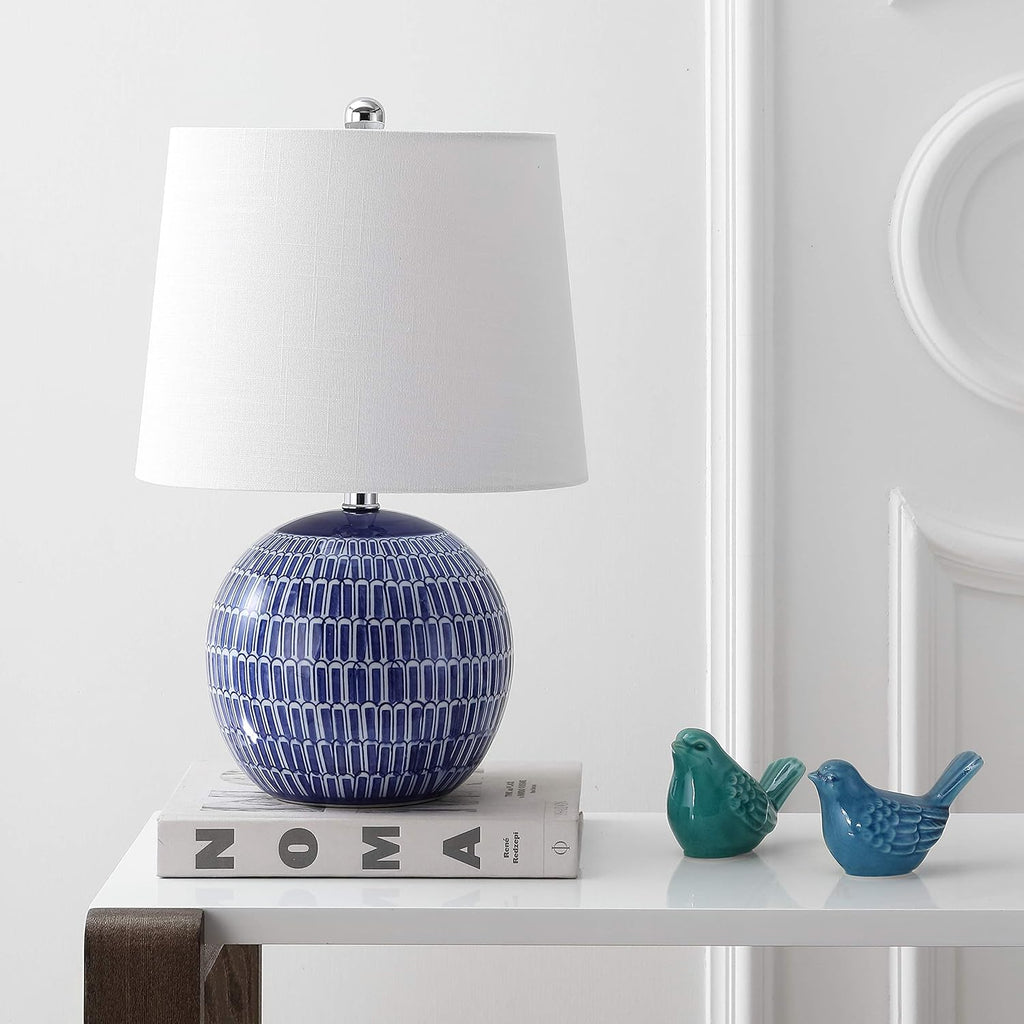 21" Navy Ceramic Hand-Painted Scallop Sphere Table Lamp, Coastal Transitional Bedside Lamp with White Linen Drum Shade