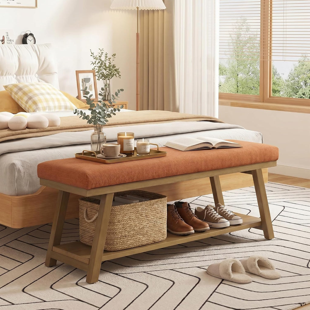 46" Entryway Bench Upholstered Storage Bench (Orange)