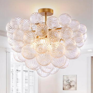 Semi Flush Mount Bubble Ball Chandelier Lighting 24 Inches Gold Clear Ribbed Blown Glass Chandeliers Ceiling Light