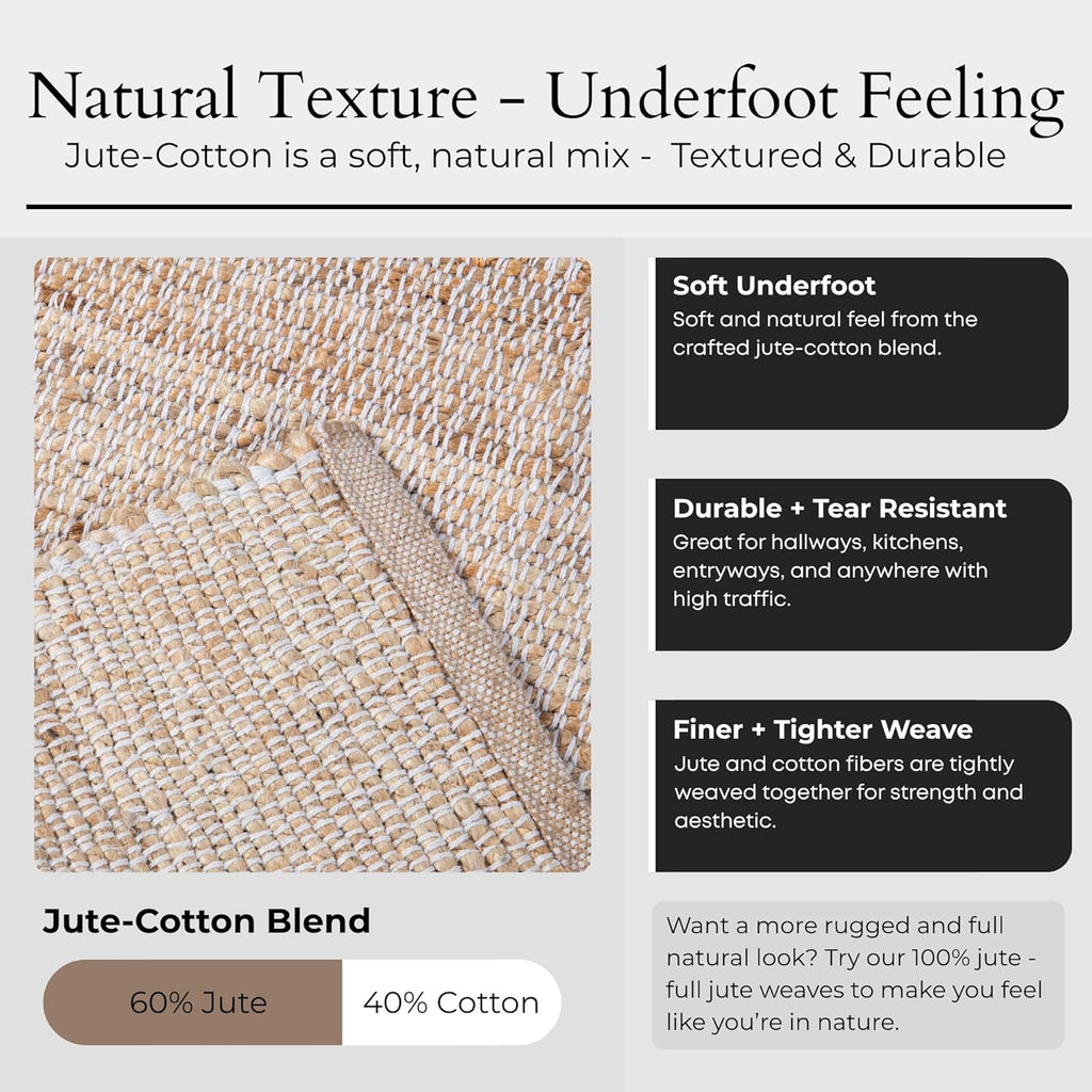 Jute-Cotton Rug 2x6 - Luxurious Natural Hallway Runner with Non-Slip Backing, Low-Profile Kitchen Ru